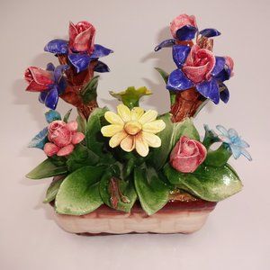 Vintage Capodimonte Flower Basket Flowers Daisies Blue Pink Yellow Italy